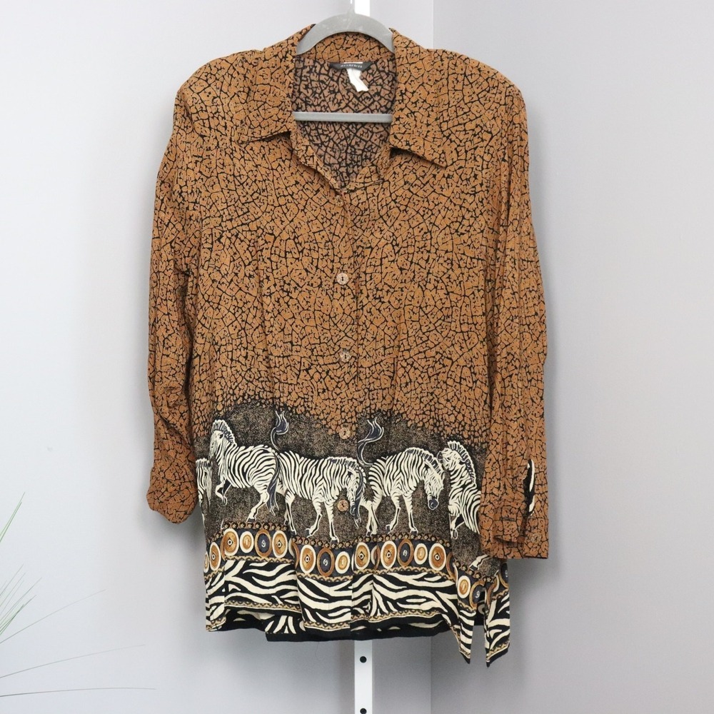 Mesmerize Button Up Shirt 1X Brown Womens Zebra Print Animal Safari Blouse